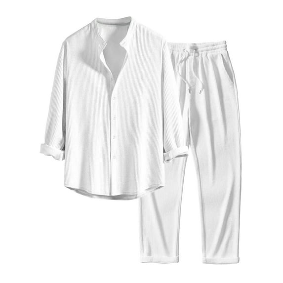 Fgnfyis Men's Solid Color Jacquard Long Sleeved Trousers and Shirt Suit Casual Autumn and Winter Shirt Two Piece Suit Pants Sets for Men White S