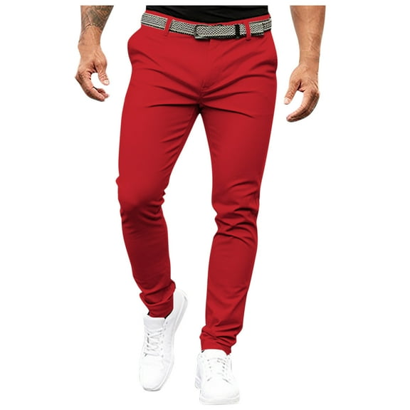 Fgnfyis Men's Solid Color Skinny Casual Pants Seasonal Belted Drawstring Pants Men Pants Red S