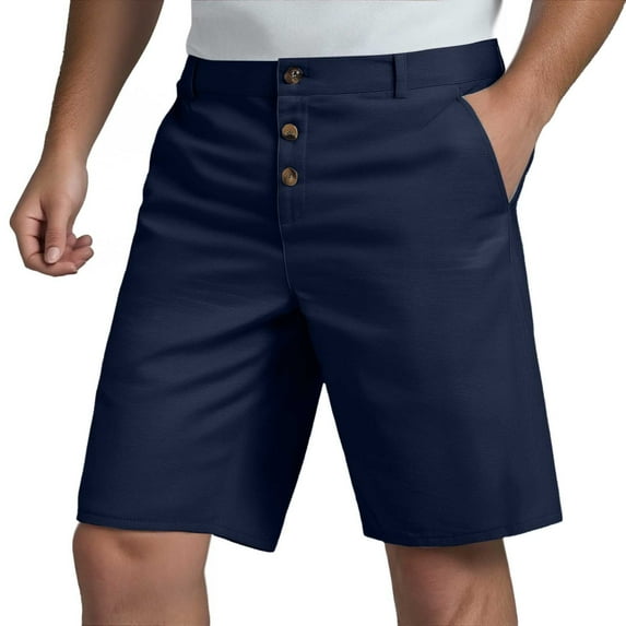 Fgnfyis Men's Spring/summer Fashion Linen Solid Color Button up Shorts Casual Everyday Breathable Straight Leg Quarter Pants Men Shorts Navy XL