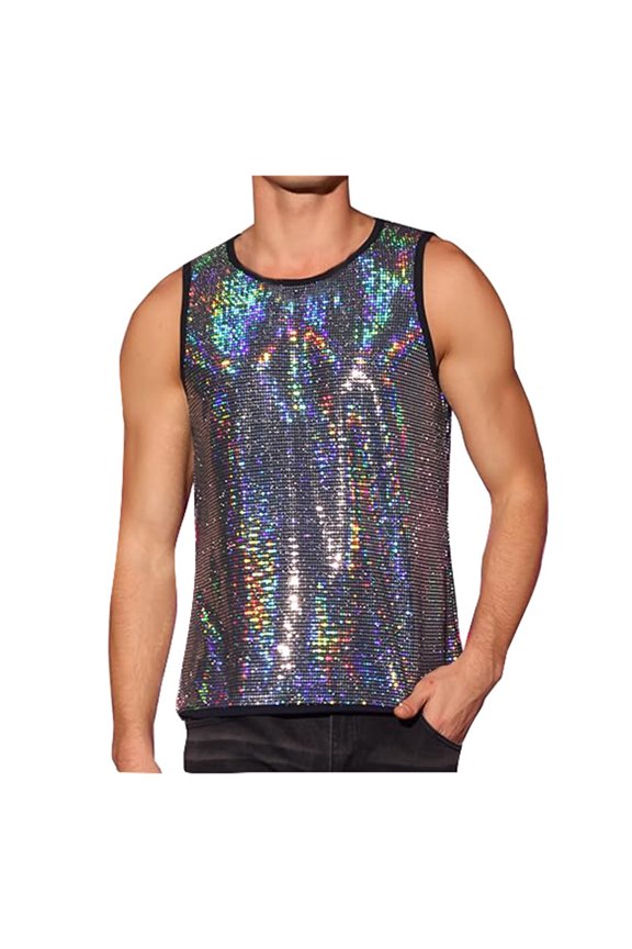 Men's Stylish Sleeveless Tank Top for Active Trendy Sparkly Vest for Casual Wear and Fitness Activities Men Tank Tops Silver XL