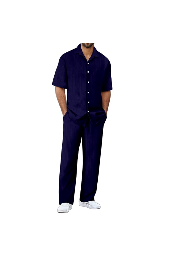 Men's Suits Stylish Casual Set for Everyday Wear Sports Relaxation and Beach Activities Pure Color Design Comfortable Fit for Spring and Summer Seasons Mens Outfits Navy S