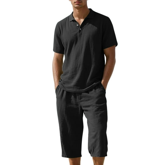 Fgnfyis Men's Summer Linen Beach Loose Shirt Short Sleeve Shorts Set 2 Piece Sets for Men Black L