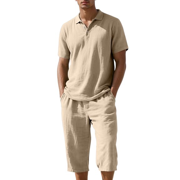 Fgnfyis Men's Summer Linen Beach Loose Shirt Short Sleeve Shorts Set 2 Piece Sets for Men Khaki XL