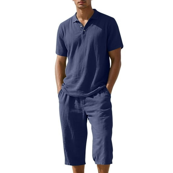 Fgnfyis Men's Summer Linen Beach Loose Shirt Short Sleeve Shorts Set 2 Piece Sets for Men Navy XXL