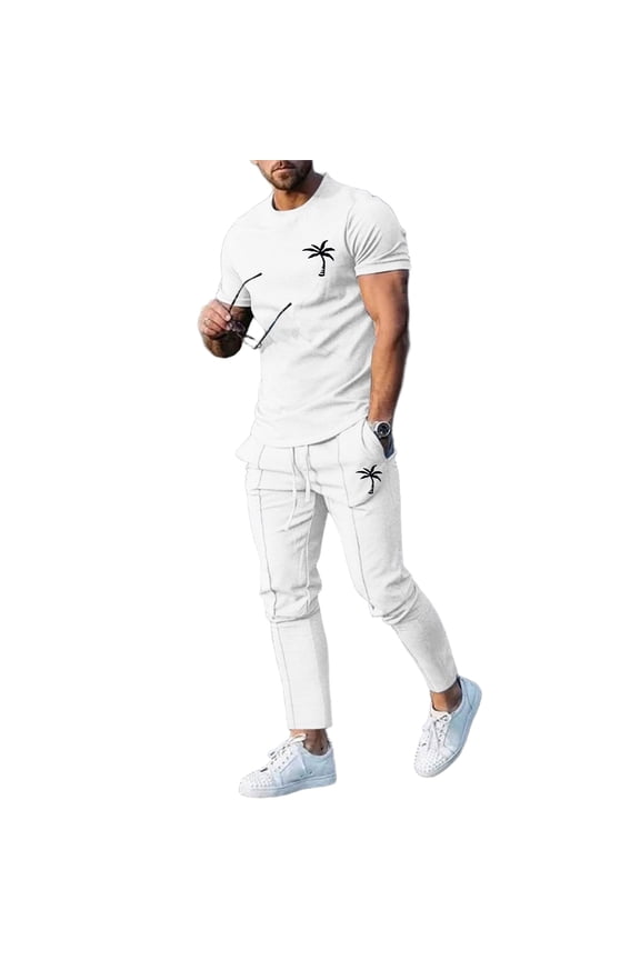 Men's Summer Sportswear Clothing Sportswear Breathable Short Sleeved T Shirt and Sports Trousers with Pockets Men's Trousers Suit White XXL