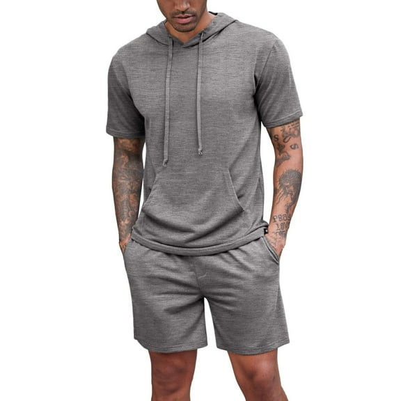 Fgnfyis Men's Tracksuit 2 Piece Hooded Athletic Sweatsuit Short Sleeve Casual Sports Hoodie Shorts Set Matching Sets Men Clothing Grey XL