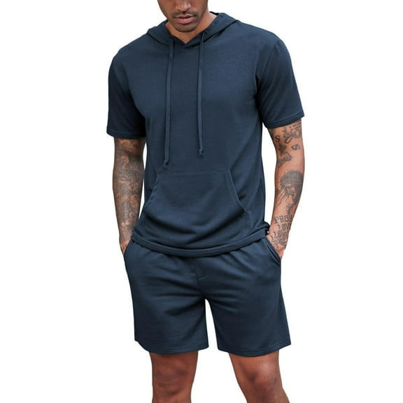 Fgnfyis Men's Tracksuit 2 Piece Hooded Athletic Sweatsuit Short Sleeve Casual Sports Hoodie Shorts Set Matching Sets Men Clothing Navy S