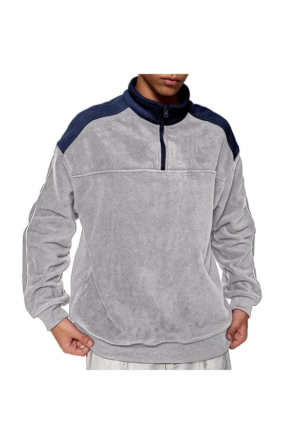 Men's and Women's Autumn and Winter The Same Patchwork Color Collision Fashion Street Leisure All Woolen Turtleneck Hoodie Crewneck Sweatshirt Grey L