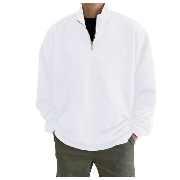 Fgnfyis Mens Autumn and Winter Fashion Casual Loose Oversize Zipper Solid Color Stand Collar Hoodless Pullover Sweater Coat Top Sweatshirt for Men White XXL