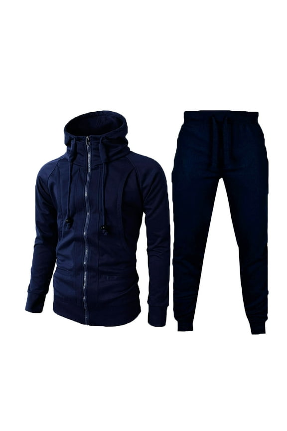 Mens Autumn and Winter Fashion Casual Drawstring Zipper Hooded Long Sleeve Sports Sweater Set Suits for Men Navy XXXL