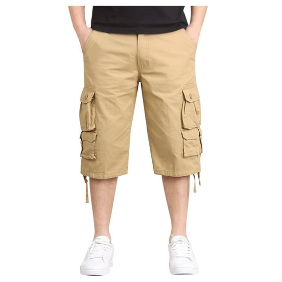 Fgnfyis Mens Casual Fashion Large Pocket Belt Solid Color Cargo Shorts Mens Shorts Khaki 29