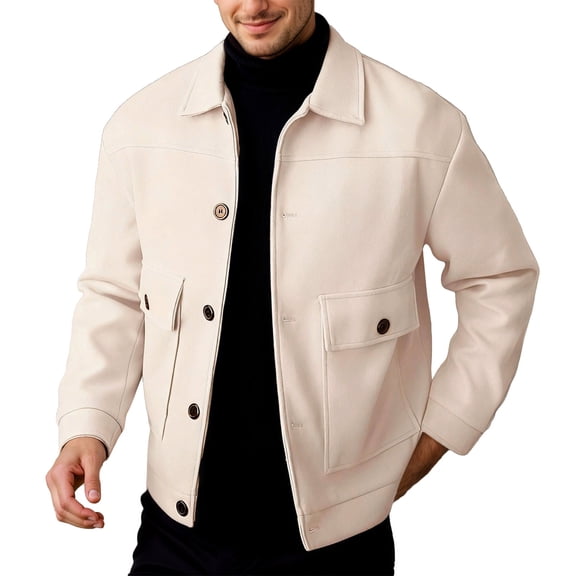 Fgnfyis Mens Coat Timeless Solid Color Notched Lapel Wool Blend Jacket with Pockets and Closure Jacket for Men Beige S