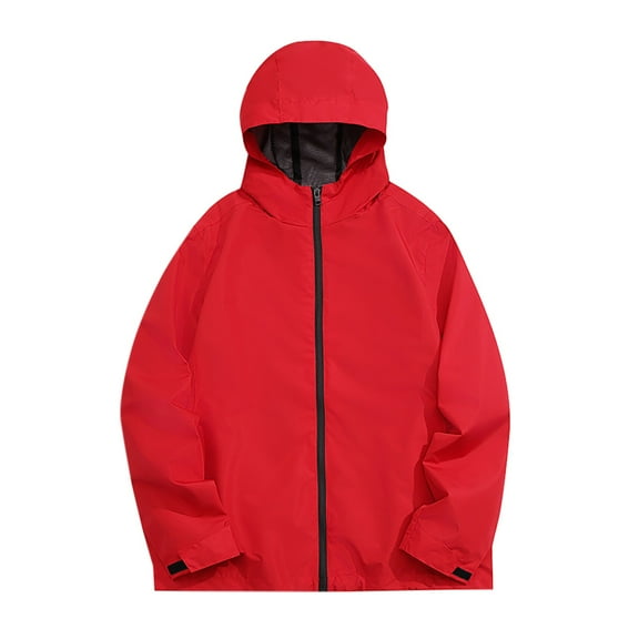 Fgnfyis Mens Coats Solid Color Hooded Windproof Zipper Cardigan Casual Loose Sports Jacket Jackets for Men Red M