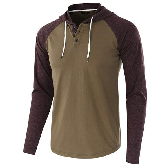Fgnfyis Mens Fashion Casual Color Matching Raglan Sleeves Drawstring Hoodie Long Sleeve T Shirt Top Blouse Men's Sweatshirts Brown L