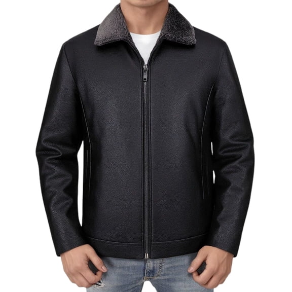 Fgnfyis Mens Jacket Casual Leather Jacket Winter Warm Lined Outerwear Coat with Stand Collar for Outdoor Daily Use Winter Coats for Men Black L