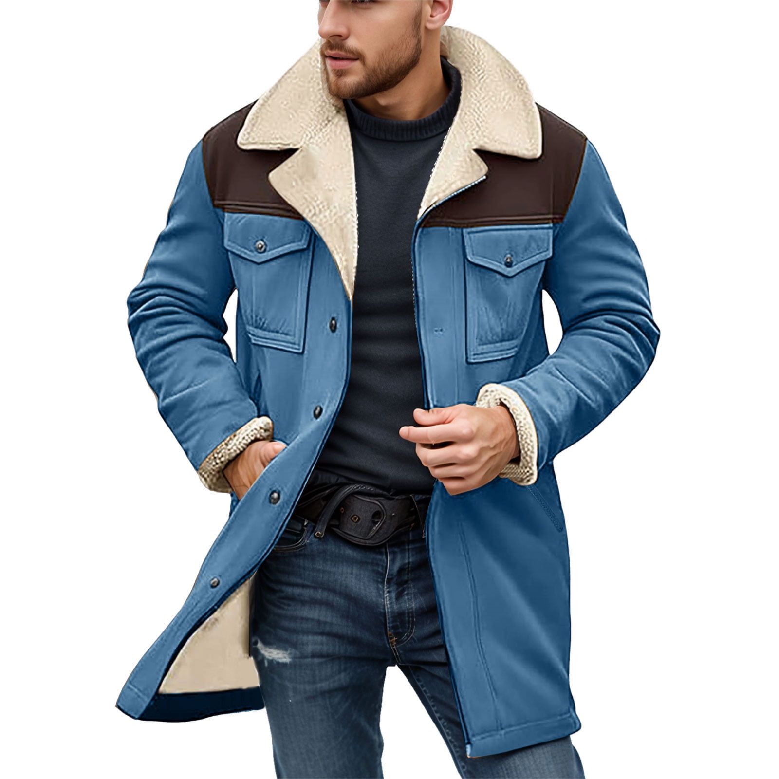 Fgnfyis Mens Jacket Collar Coat Leather Zip up Motorcycle Jacket Retro Top with Multiple Pockets Mens Winter Coats Blue XL