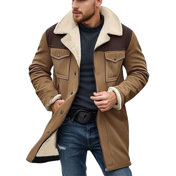 Fgnfyis Mens Jacket Collar Coat Leather Zip up Motorcycle Jacket Retro Top with Multiple Pockets Mens Winter Coats Khaki XXL
