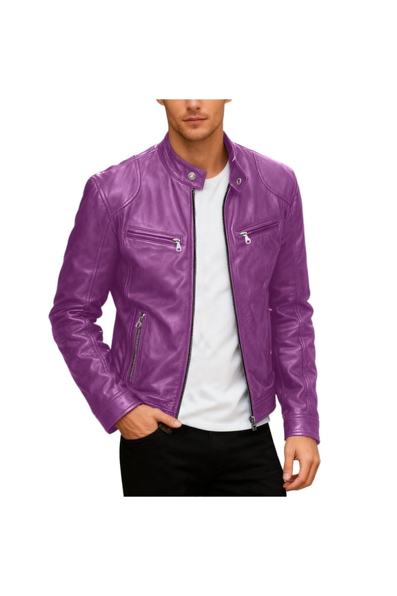 Mens Jacket Motorcycle Leather Jacket Stand Collar Punk Style Outerwear Coat for Casual Wear and Riding Windproof Coats for Men Purple M