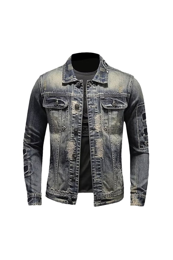 Mens Jacket Winter Fashionable Retro Ripped Slim Fit Denim Jacket Men's Winter Coats Grey L