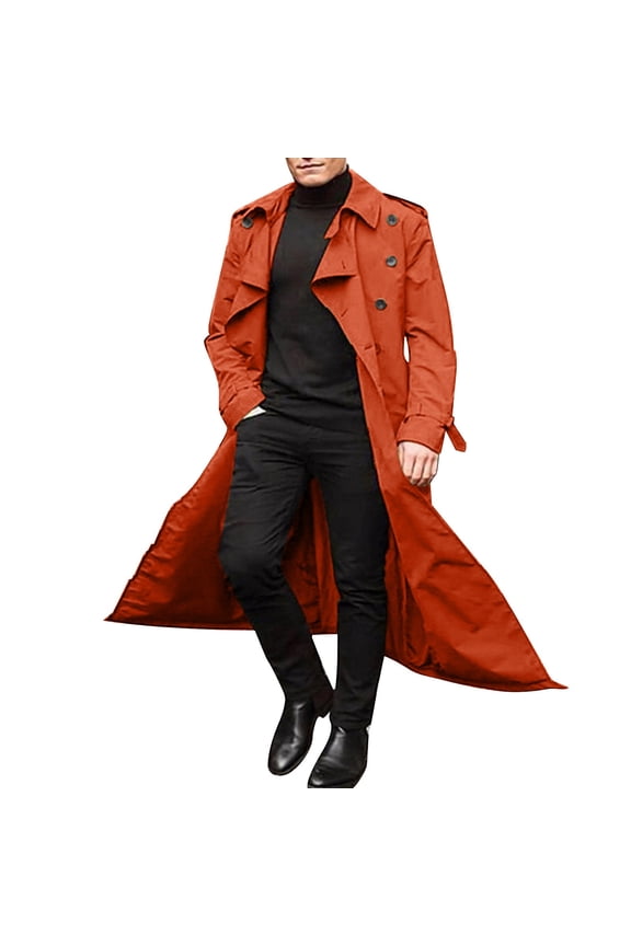 Mens Jackets Autumn Winter Long Trench Coat Double with Belt Loose Fit Outerwear Mens Winter Coats Orange XL