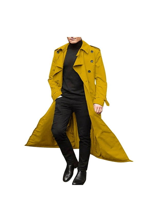 Mens Jackets Autumn Winter Long Trench Coat Double with Belt Loose Fit Outerwear Mens Winter Coats Yellow S