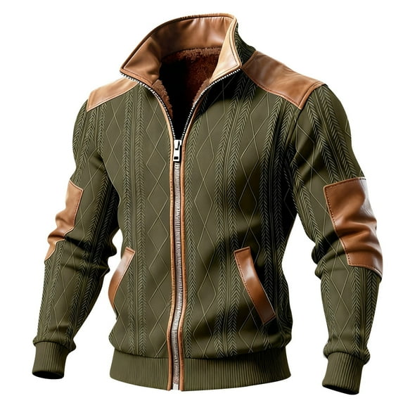 Fgnfyis Mens Jackets Casual Color Block Textured Lined Full Zip up Jacket Outerwear for Daily Streetwear Comfort Fit Mens Winter Coats Green S