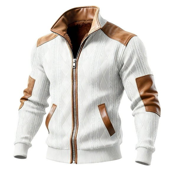 Fgnfyis Mens Jackets Casual Color Block Textured Lined Full Zip up Jacket Outerwear for Daily Streetwear Comfort Fit Mens Winter Coats White XXL