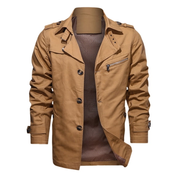 Fgnfyis Mens Jackets Casual Lapel Mid Length Pure Jacket Coats for Men Khaki M
