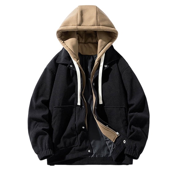 Fgnfyis Mens Jackets Casual Stylish Autumn Winter Fashion Two Piece Hooded Corduroy Workwear Long Sleeve Jacket Thicken Mens Winter Coats Black XL