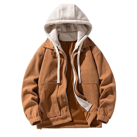 Fgnfyis Mens Jackets Casual Stylish Autumn Winter Fashion Two Piece Hooded Corduroy Workwear Long Sleeve Jacket Thicken Mens Winter Coats Coffee XXXXL