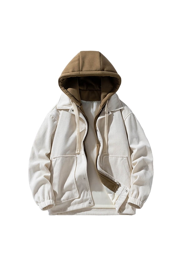 Mens Jackets Casual Stylish Autumn Winter Fashion Two Piece Hooded Corduroy Workwear Long Sleeve Jacket Thicken Mens Winter Coats White M