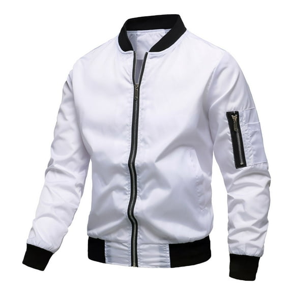 Fgnfyis Mens Jackets Casual Stylish Solid Color Autumn Winter Windproof Zipper Baseball Jacket Long Sleeve Collarless Coat Men Jacket White M