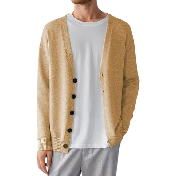 Fgnfyis Mens Jackets Knit Cardigan Sweater Casual Loose Fit Korean Style Versatile Button up Outerwear Coats for Men Light Khaki XXXL