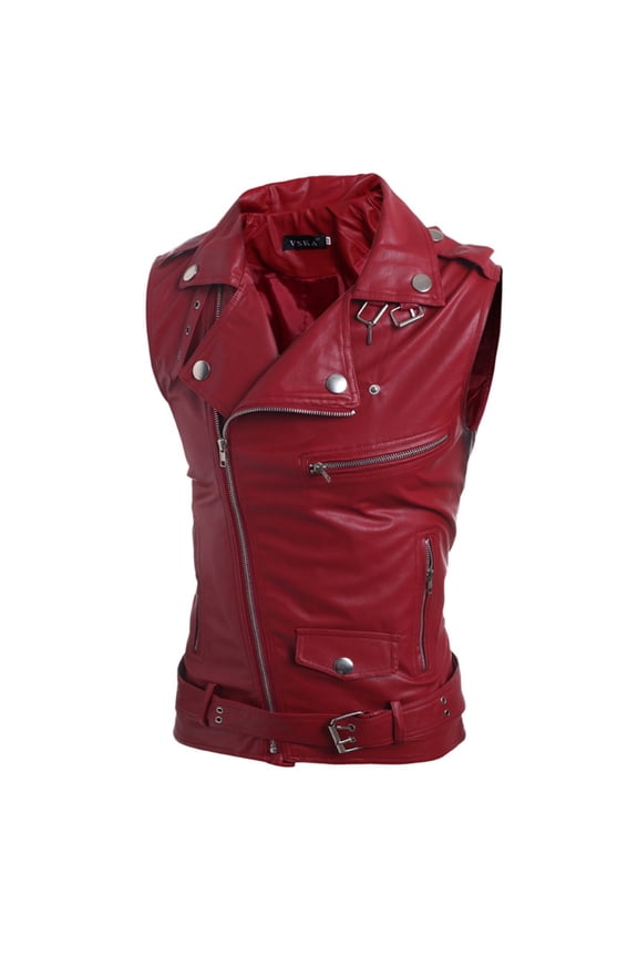 Mens Jackets Leather Vest Korean Slim Fit Zip Lapel Short Jacket Outerwear Winter Coats for Men Red XXXL
