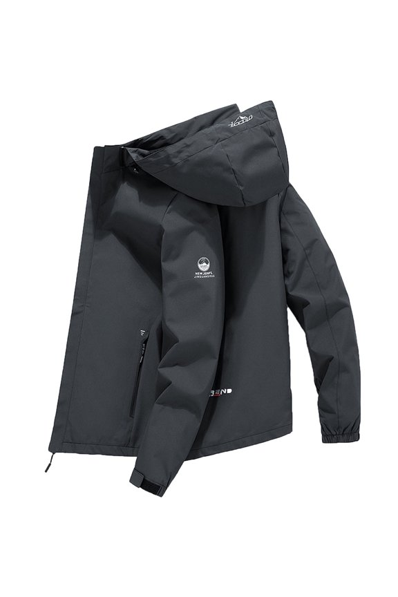 Mens Jackets Letter Print Neck Zip up Hooded Windproof Casual Jacket Long Sleeve with Pockets Mens Winter Coats Dark Gray M