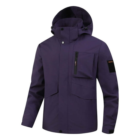 Fgnfyis Mens Jackets Spring Fall Solid Color Outdoor Hooded Hardshell Fashion Mountaineering Jacket Mens Winter Coats Purple M