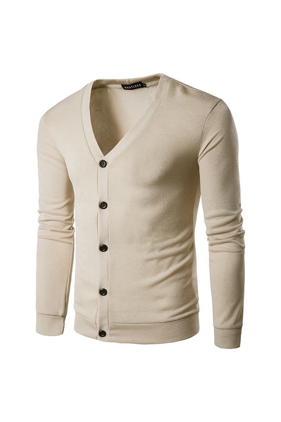 Mens Jackets Youth Long Solid Slim Sweater Color Casual Fashion Sleeve Fit V Neck Pullover Knit Warm Coats for Men Beige M