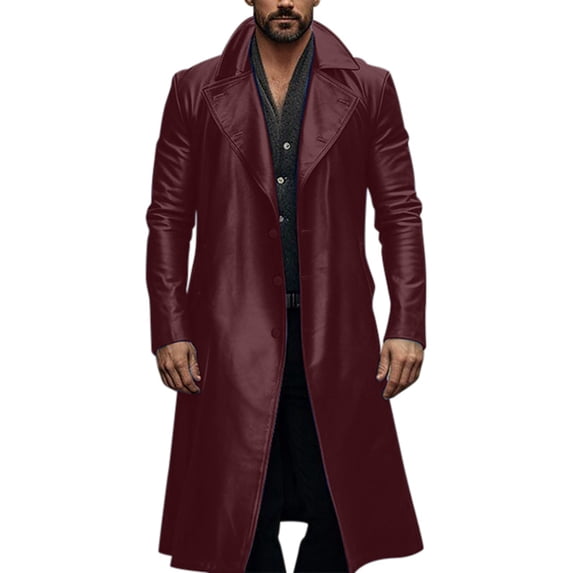 Fgnfyis Mens Leather Jacket Fall Solid Color Lapel Pocket Slim Double Trench Coat Style Belted Long Mens Jacket Red XXL