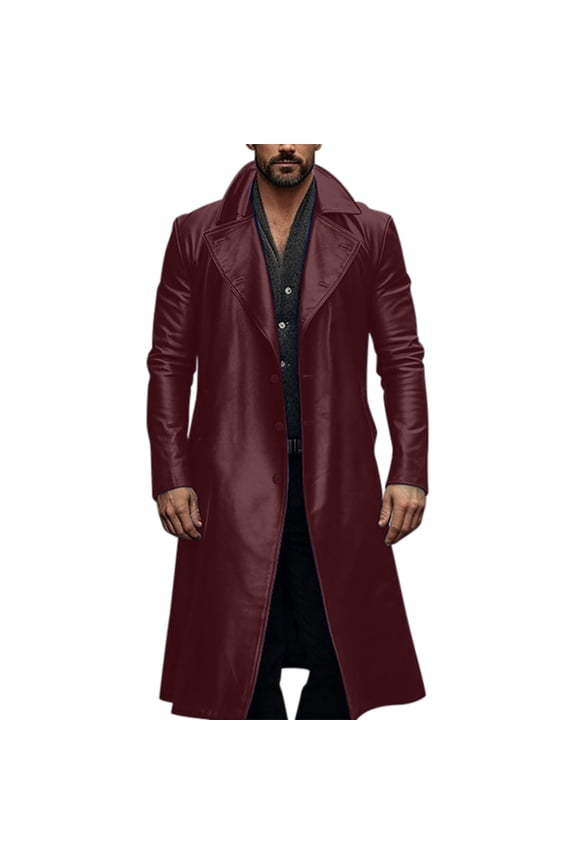 Mens Leather Jacket Fall Solid Color Lapel Pocket Slim Double Trench Coat Style Belted Long Mens Jacket Red XXL