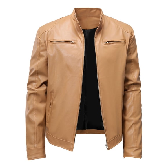 Fgnfyis Mens Leather Jacket Fashion Summer Windproof Rainproof Motorcycle Riding Daily Casual Solid Color Top Mens Coats and Jackets Khaki XXXL