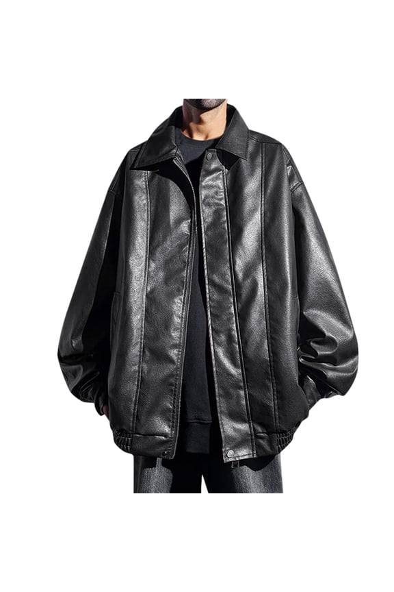 Mens Leather Jacket Winter Oversized Zippered Racing Suit Flight Jacket Lapel Style Mens Winter Coats Black XXL