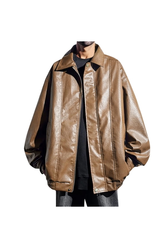 Mens Leather Jacket Winter Oversized Zippered Racing Suit Flight Jacket Lapel Style Mens Winter Coats Coffee L