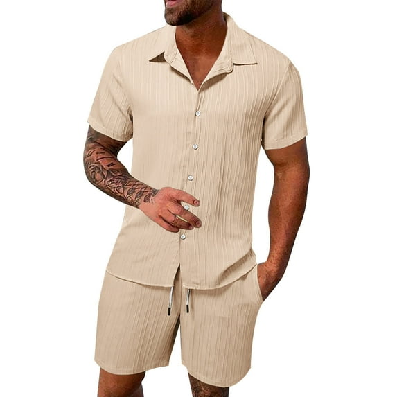 Fgnfyis Mens Spring and Summer Leisure Sports Comfortable Breathable Sweat Absorbing Short Sleeved Shorts Two Piece Set Mens Summer Outfits Khaki L
