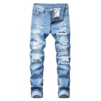 Fgnfyis Mens Stretch Slim Fit Jeans Ripped Distressed Straight Leg Denim Pants Stretch Motorcycle Jeans Trousers Mens Pants Blue 28