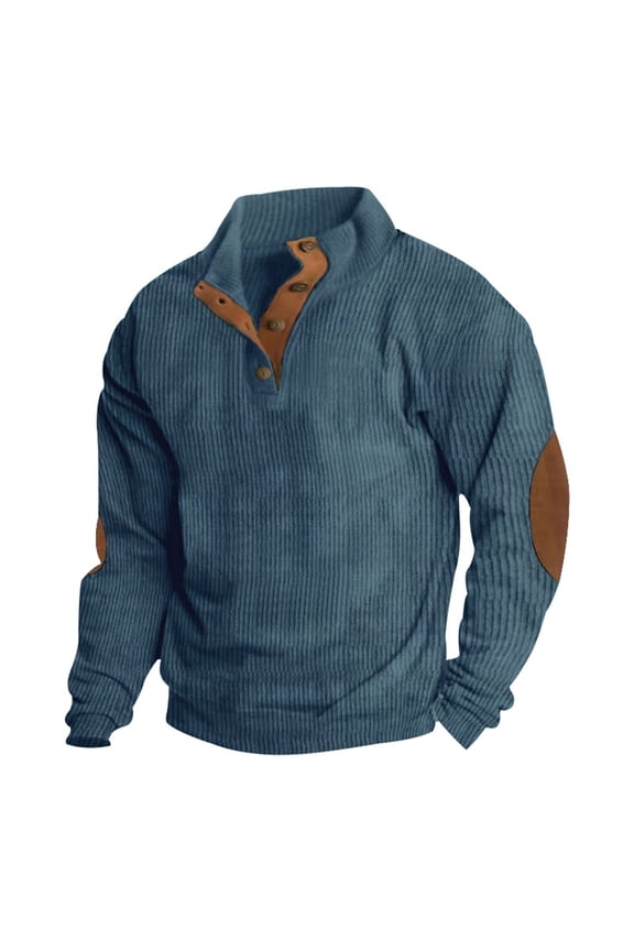 Mens Suede Sweatshirts Stand Collar Button up Long Sleeve Pullover with Elbow Patches Blue L