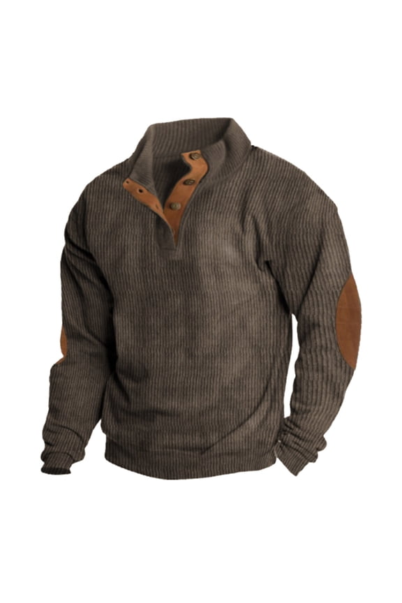 Mens Suede Sweatshirts Stand Collar Button up Long Sleeve Pullover with Elbow Patches Coffee XXXXL
