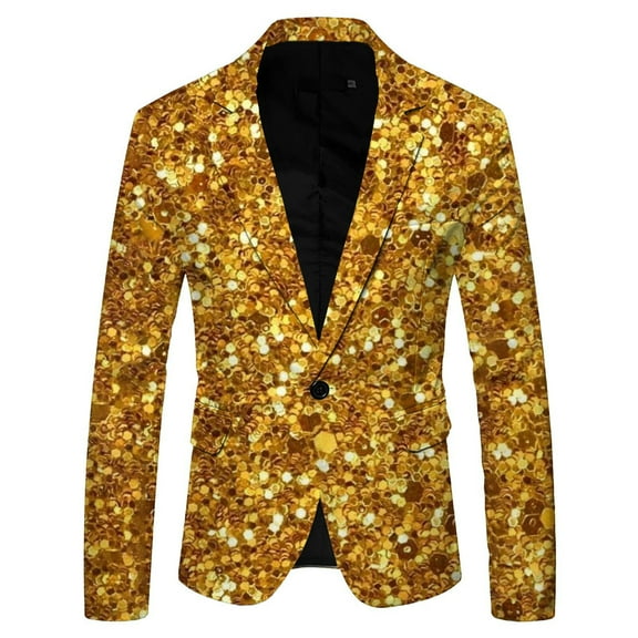 Fgnfyis Mens Suit Jacket Mens 3D Sequin Suit Printed Pocket Lapel Button up Suit Jacket with Unique Design Coats for Men Gold M