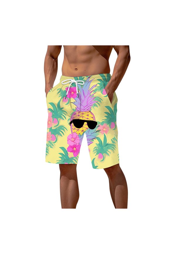 Mens Summer Digital 3D Pineapple Printed Shorts Elasticated Waisted Beach Pants Mens Swim Trunks Yellow XXL