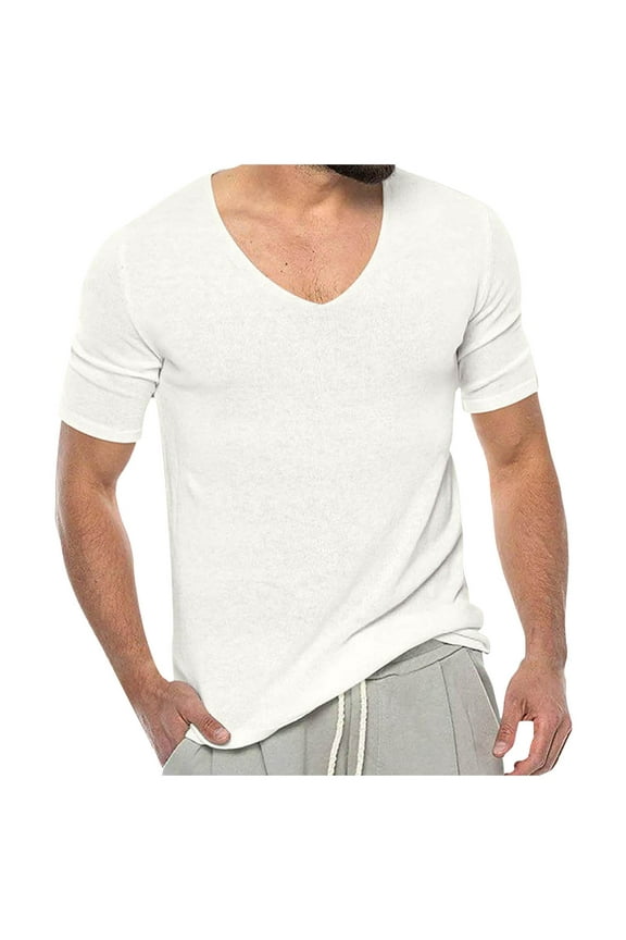 Mens Summer Thin V Neck Solid Color Sweater Summer Short Sleeve Knit T Shirt Top T Shirts for Man White M