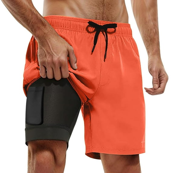 Fgnfyis Mens Swim Trunks Compression Liner Swim Shorts Swimwear Quick Dry Swimsuit Bathing Suits Board Shorts with Pockets Mens Trunks Orange XXL